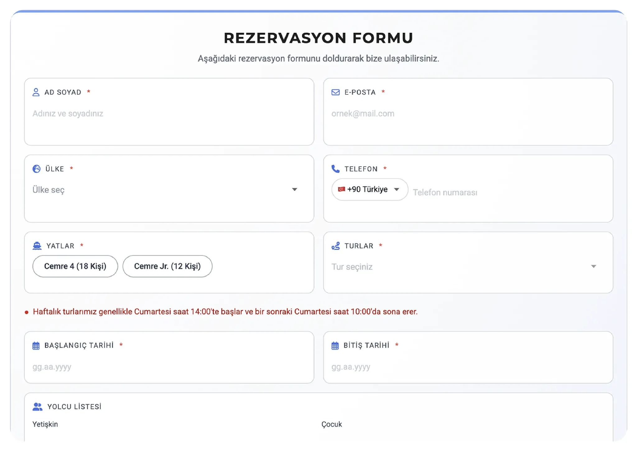 Online rezervasyon formu ekran görüntüsü